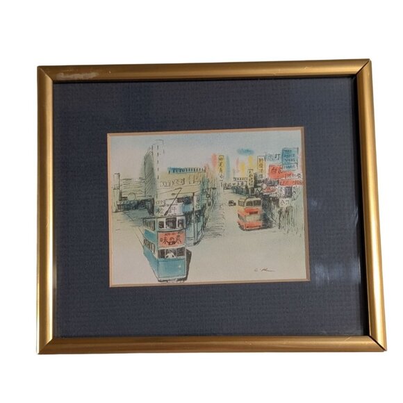 Framed Cityscape Art Watercolor Gold Frame - Picture 1 of 16